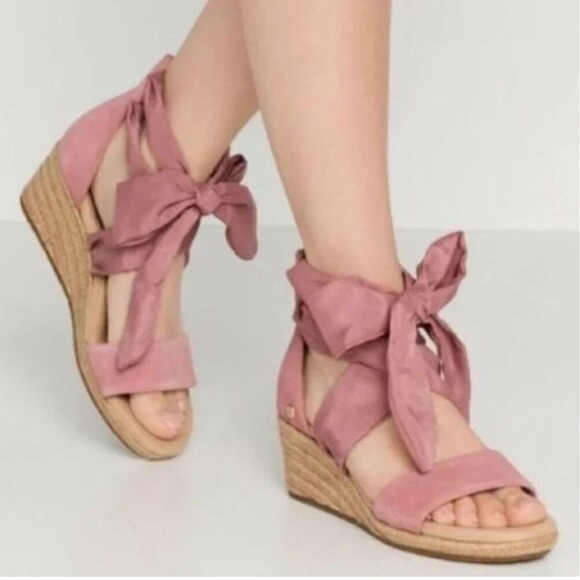 UGG Shoes - UGG Trina Espadrille Wedge Sandals Womens 7.5 Pink Dawn Suede Lace Up 1099693